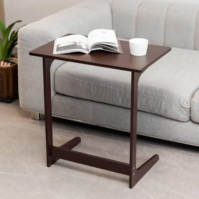 Forevich Tv Tray Table Bamboo Wood Laptop End Side Table for Sofa Couch Bed C Shaped Brown