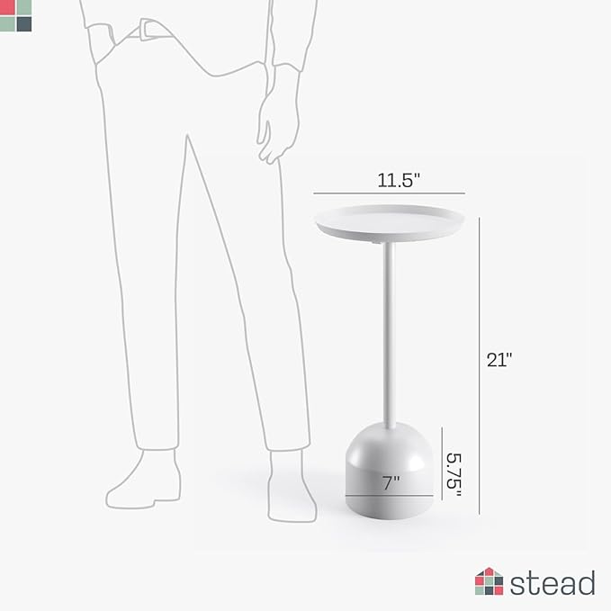 Round Metal Drink Table, Pedestal Drink Desk, Modern Home, Bedroom, and Living Room Furniture, Versatile Small Metal Side Table with Dome Base and Beveled Top (White Pedestal Stand)