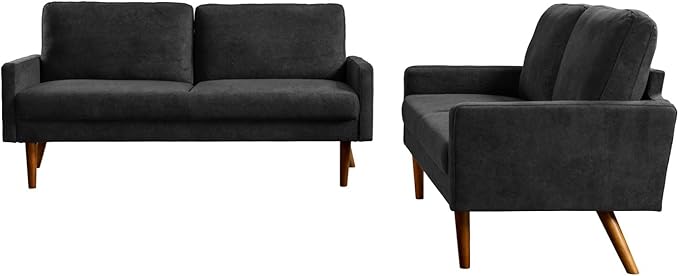 Kent 2 Piece Velvet Sofa and Loveseat Set, European Style with Modern & Vintage Flair, Upholstered 5 Seater Couch, Chic Living Room Furniture Seating for Home, Apartment or Office, Black