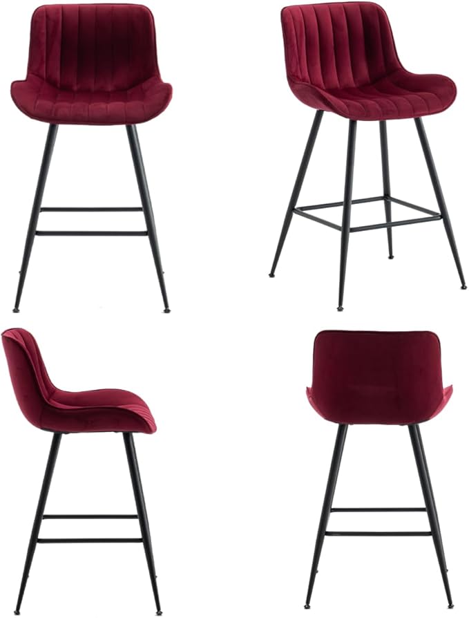 Bar Stools Set of 2 - Burgundy Counter Height Bar Stools Velvet Fabric Upholstered Bar Stools 24 Inches Seat Height Barstools with Backs Bar Chairs for Kitchen Island (Burgundy).