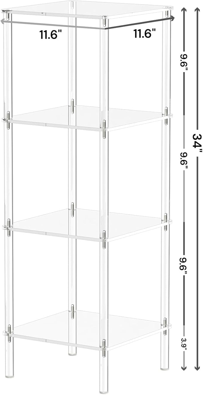 4 Tier Square Acrylic Bookshelf, Small Bookcase with Acrylic Fittings for Fixing to Wall, Corner Display Shelf for Living Room, Bedroom, Bathroom, Small Spaces, Clear, 11.6'' W x 34'' H