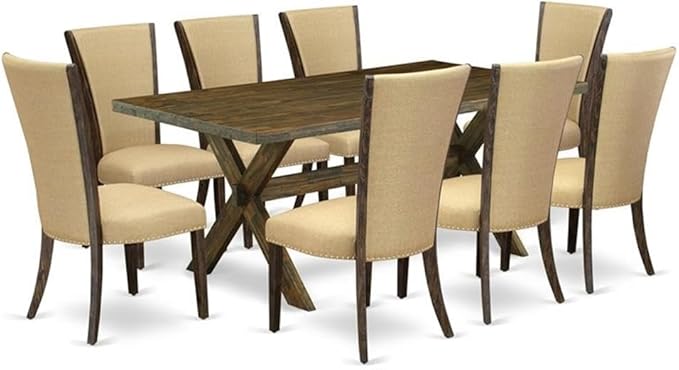 East West Furniture X777VE703-9 9 Piece Dining Room Furniture Set Includes a Rectangle Dining Table with X-Legs and 8 Brown Linen Fabric Upholstered Chairs, 40x72 Inch, Multi-Color