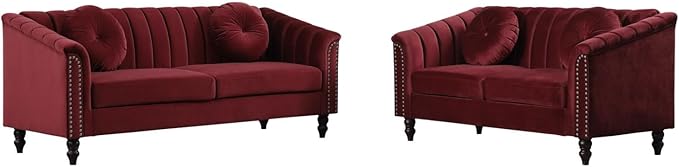 60" Loveseat Sofa, Microfiber Chesterfield Upholstered Sofas Love Seat, Couch Chair Sets with Style Button Tufted, Scroll Arms and Nailhead for Living Room, Office, Apartment-Red