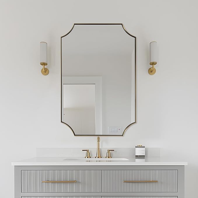 ANDY STAR Brushed Gold Rectangle Mirror, 24x36 Inch Scalloped Bathroom Mirror, Unique Rectangular Mirror with Scalloped Design, Anti-Rust Stainless Steel Frame Deep 1"