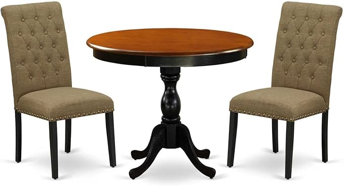 East West Furniture AMBA3-BCH-05 3 Piece Kitchen Table Set for Small Spaces Contains a Round Dining Table with Pedestal and 2 Grey Linen Fabric Parson Chairs, 36x36 Inch, Black & Cherry