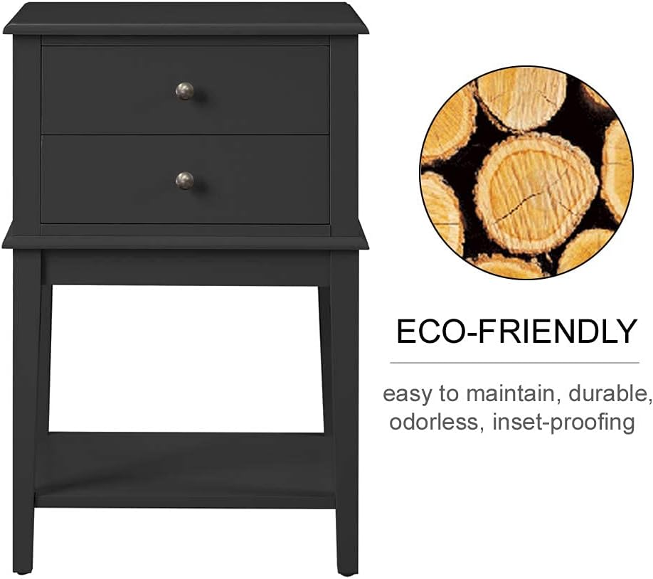 conifferism Black Nightstand End Table with Drawers and Storage Shelf,Tall Bedside Tables for Bedroom