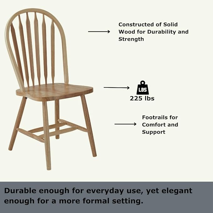 International Concepts Solid Wood Windsor ArrowBack Dining Chair with Plain Legs - Parawood Construction - 19.25" W x 19.75" D x 38.25" H - 225 lb Weight Capacity - Dining Chairs, Natural