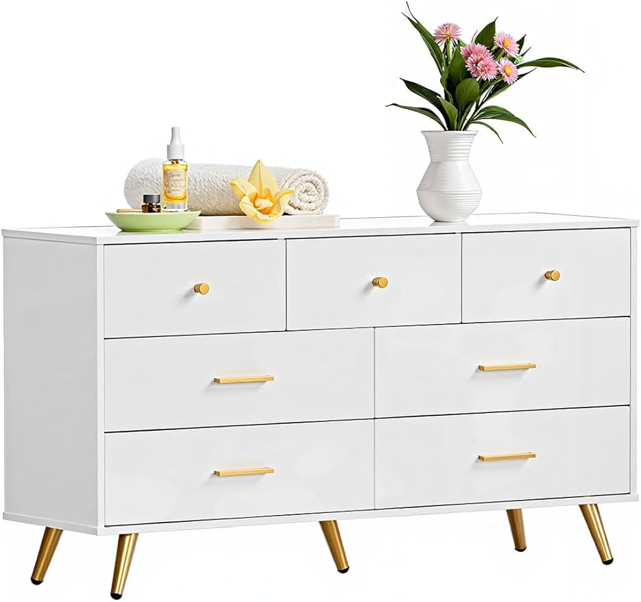 7 Drawer Dresser for Bedroom - White & Gold Chest of Drawers, High Gloss MDF Organizer Storage with Drawers with Golden Handles, Wide Storage Dresser for Bedroom