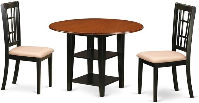 East West Furniture SUNI3-BCH-C 3 Piece Kitchen Table Set Contains a Round Dining Room Table with Dropleaf & Shelves and 2 Linen Fabric Upholstered Dining Chairs, 42x42 Inch, Black & Cherry