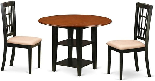 East West Furniture SUNI3-BCH-C 3 Piece Kitchen Table Set Contains a Round Dining Room Table with Dropleaf & Shelves and 2 Linen Fabric Upholstered Dining Chairs, 42x42 Inch, Black & Cherry