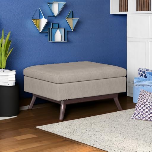SIMPLIHOME Owen 34 inch Wide Mid Century Modern Rectangle Coffee Table Storage Ottoman in Natural Linen Look Fabric, Assembled, for the Living Room, Entryway and Family Room