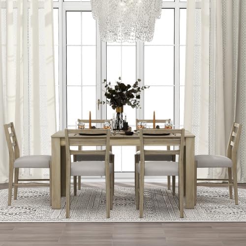 SogesHome 7-Piece Dining Table Set for 6-8 People, Extendable Solid Rubber Wood Kitchen Table with Leaf & 2 Storage Drawers, Chairs with Soft Cushion, Perfect for Kitchen, Dining Room (Natural)