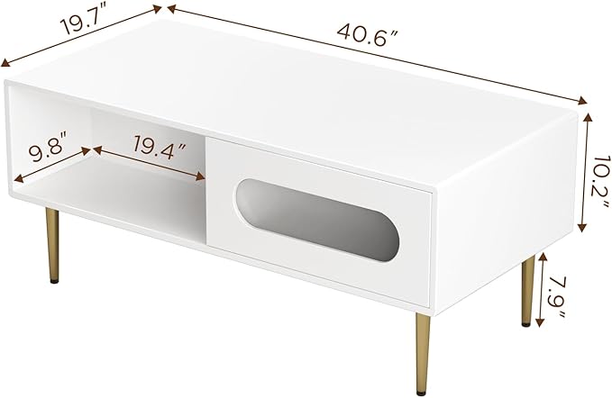 Modern Coffee Table for Living Room - LED Living Room Table with 4 Storage Compartments, Semi See-Through Sliding Doors - Glossy Finish, Metal Legs, Rounded Edges - Contemporary Home Furniture