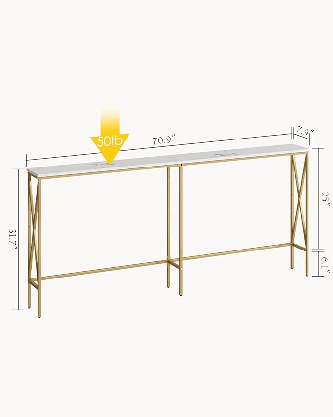 Masupu 70.9" Console Table, Modern Narrow Long Sofa Table Behind Couch, Skinny Entry Table, Industrial Sofa Table with Metal Frame for Hallway, Living Room, Marble White
