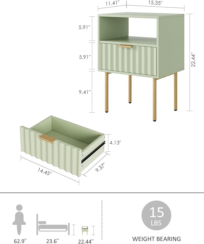 Nightstand,Modern Bedside Table with Gold Frame,Green Night Stand,Bedside Furniture, Modern Side Table with Drawer and Shelf for Bedroom,Living Room (Green)