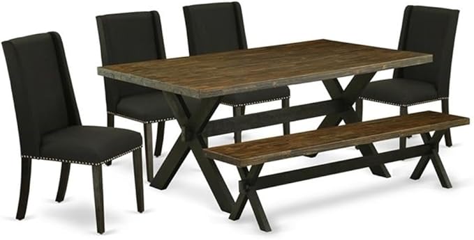 East West Furniture X677FL624-6 6 Piece Dining Set Contains a Rectangle Dining Room Table with X-Legs and 4 Black Linen Fabric Parson Chairs with a Bench, 40x72 Inch, Multi-Color