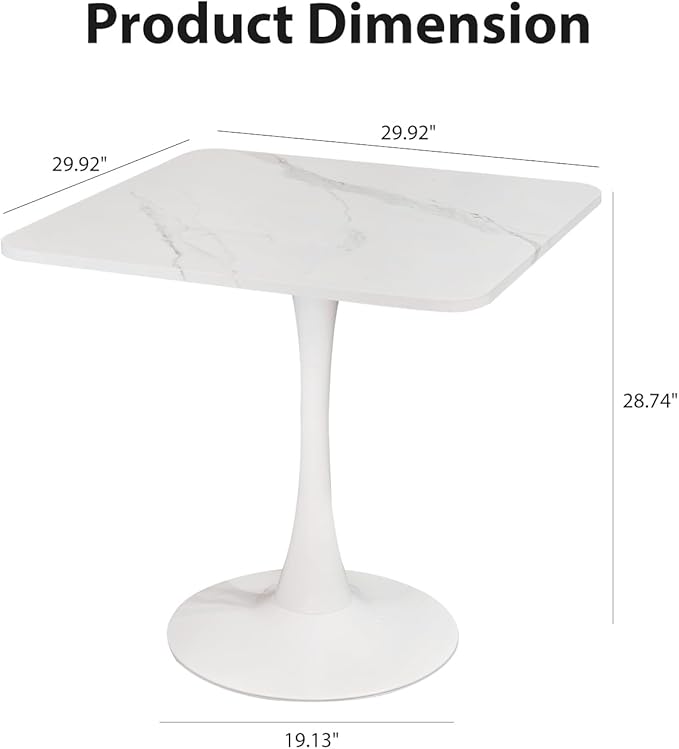 Square Modern Dinning Table 30 inches for 2-4 Bistro Tulip Table with Faux Marble top,Easy Assemble,Sturdy Metal Frame Diameter 30in*H28.74in(White, 30in)