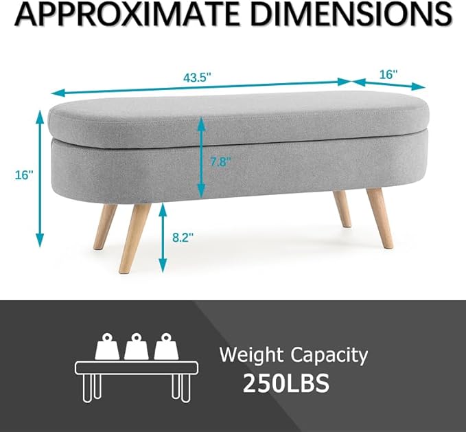 Oval Storage Bench 43.5" Linen Fabric Upholstered Entryway Bench with Solid Wood Legs Ottoman Bench Indoor Bench for Living Room/Bedroom/End of Bed/Entryway (Grey)