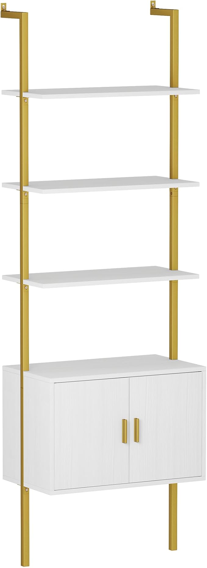 Yusong 73" Tall Bookshelf with Cabinet, Industrial Ladder Wall Mount Shelf Bookcase with Wood and Metal Frame, Plant Shelf Wall Storage Display for Living Room Bedroom, White Gold
