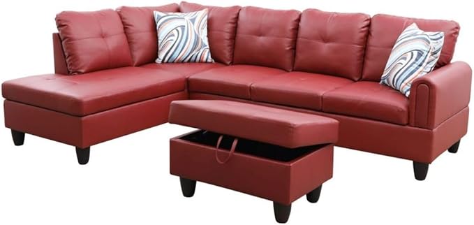 Red L-Shaped 3-Piece Faux Leather Sofa with Storage Ottoman Set, Sectional Couch Sofa Set for Living Room, Office, Small Space