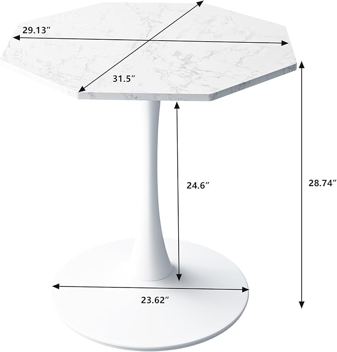 31.5 in Hexagonal Pedestal Dining Table for 2, Small Tulip Bistro Table with Metal Base, Space Saving Breakfast Nook Furniture for Home Cafe Apartment, Marble White