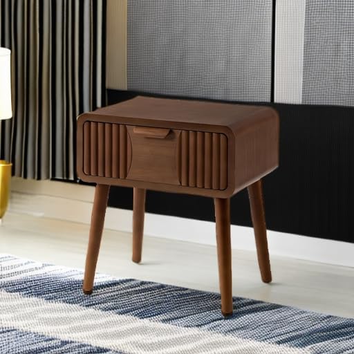 COSIEST Mid Century Modern Nightstand, MCM Vintage Bedside Table with Storage Drawer, Wood End Table for Bedroom, Living Room (Brown, Striped Pattern)