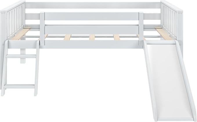 Max & Lily Twin Ultra Low Loft Bed with Slide and Climbing Ladder, Solid Wood Bed for Kids, Space Saving Design for Small Rooms, Twin Size Loft Bed with 14 Inch Guardrails, Anti Slip Steps, White