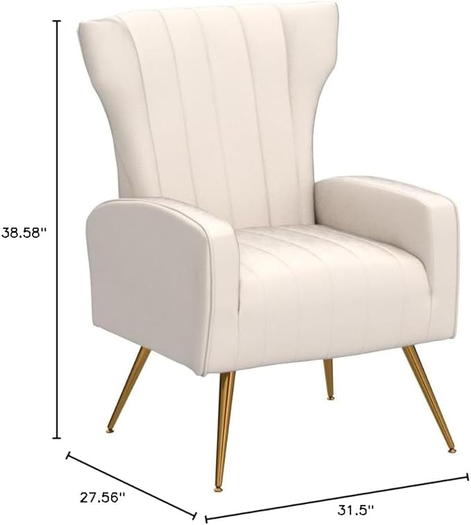 Container Furniture Direct Modern Velvet Accent Chair, Channel Tufted Bedroom, Office or Living Room Furniture with Elegant Metal Legs, 26" Wide Armchair, Beige