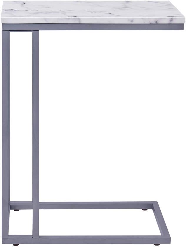 C-Shape Side End Table, Faux Marble Tray Snack Table with Metal Frame, Laptop Coffee Holder, Modern Furniture (Silver)