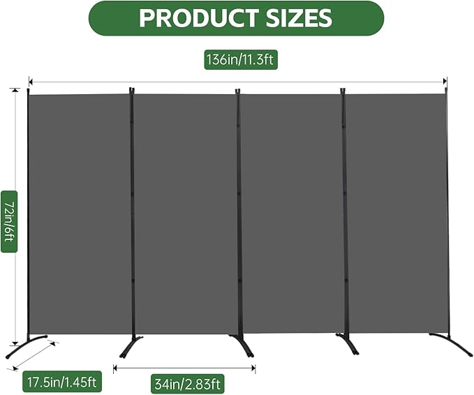 YASRKML Room Divider Folding Privacy Screens, Portable Room Divider Panel 4 Panel Partition Room Dividers Screen, Freestanding Room Partitions and Dividers Fabric Dividers for Room Separation, Grey