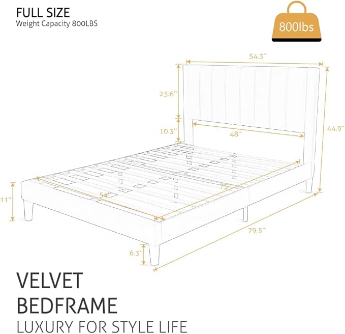 SHA CERLIN Full Bed Frame/Velvet Upholstered Platform Bed Frame with Headboard/Strong Wood Slats Support/Mattress Foundation/No Box Spring Needed - Black