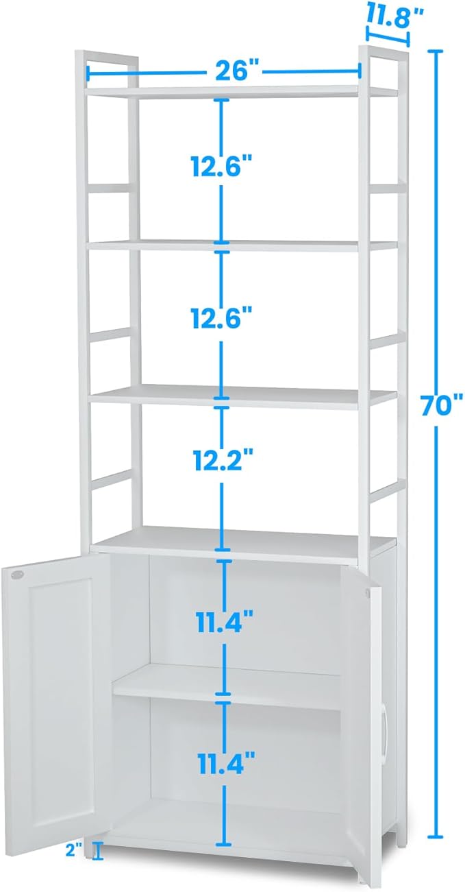 White Bookshelf with Doors,70" Tall Bookcase with Storage Cabinet,6 Tier Book Shelf for Living Room/Bedroom/Home Office/Kitchen,70"(H)*26"(L)*11.8"(W)