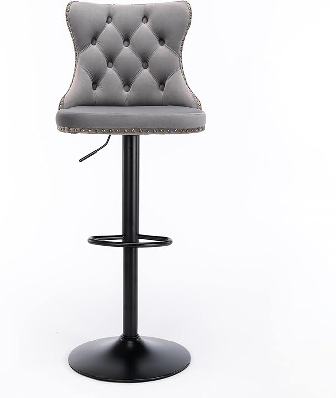 PacknWood Acosure Swivel Velvet Barstools Adjusatble Seat Height from 25-33" with 17.7" Base and Backs Comfortable Tufted,Modern Upholstered Bar Chairs for Home Pub Kitchen,Gray,Set of 2