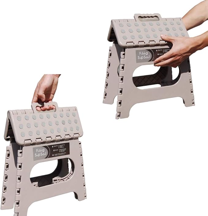 Non-Slip Folding Step Stool, Sturdy Safe Enough - Holds up to 300 Lb - 11 inch Footstool for Adults or Kids, Folding Ladder Storage/Opens Easy, for Kitchen,Toilet,Camping (Light Tan, 11'')