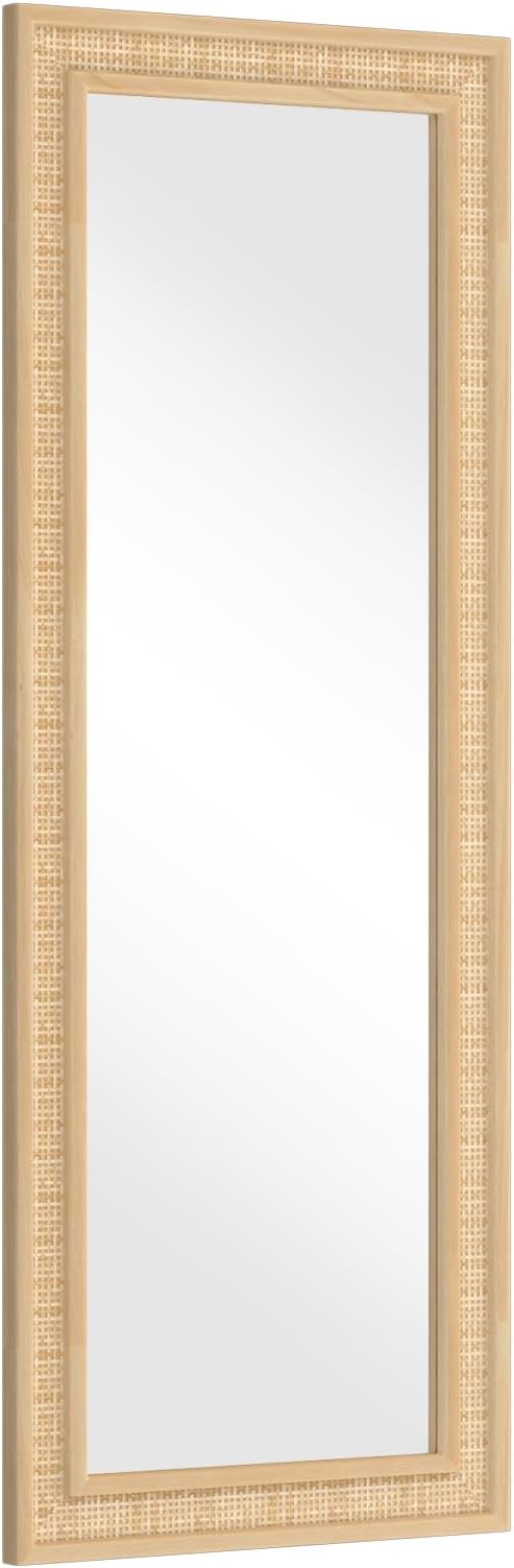 Rattan Wall Mirror with Wooden Framed 18 X 48 inch Farmhouse Rectangle Wood Mirror for Modern Decorative Bathroom, Living Room, Entryway, Bedroom