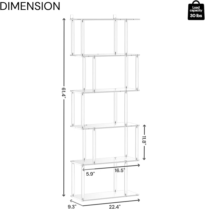 Acrylic Geometric Bookshelf, 6-Tier Clear Bookcase, S Shaped Bookshelf, Modern Display Book Shelf for Living Room, Bedroom, Office, 9.3" D x 22.4" W x 61.46" H, Easy Assembly
