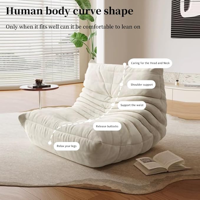 Bean Bag Chair - Memory Foam Bean Bag Chair for Adults, Comfy High-Resilience Single Sofa, Small Space Floor Chair, Chaise Lounge for Living Room, Bedroom (Beige, Wrinkles)