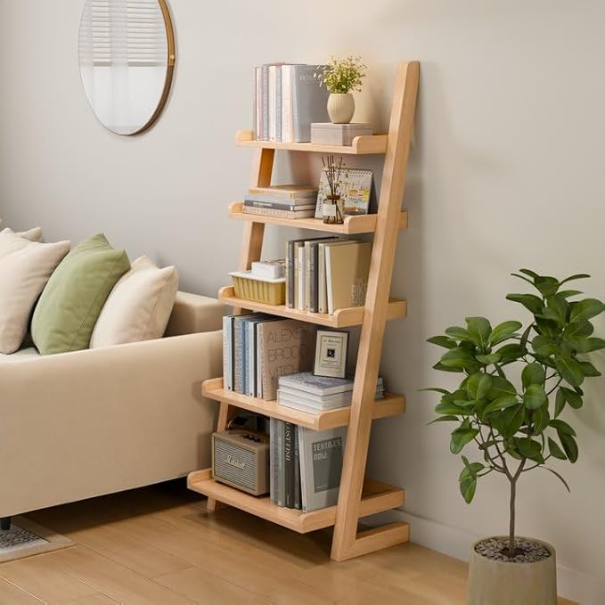 Wooden Ladder Shelf with Edges, 5-Tier Modern Leaning Bookshelf Ladder – Stylish Space-Saving Bookcase for Living Room, Bedroom & Home Office