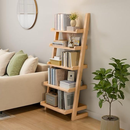 Wooden Ladder Shelf with Edges, 5-Tier Modern Leaning Bookshelf Ladder – Stylish Space-Saving Bookcase for Living Room, Bedroom & Home Office