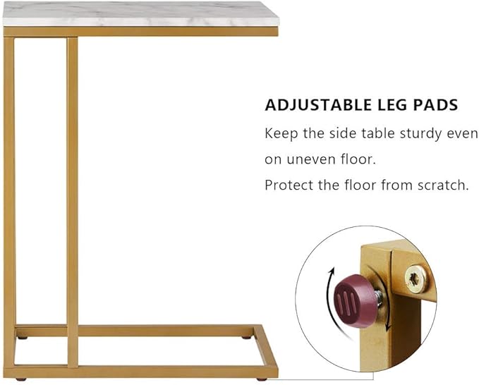 C-Shape Side End Table, Faux Marble Tray Snack Table with Metal Frame, Laptop Coffee Holder, Modern Furniture (Gold,1pcs)