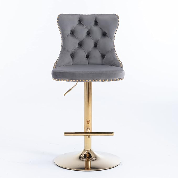 PacknWood Acosure Golden Swivel Velvet Barstools Adjusatble Seat Height from 25-33" with Comfortable Tufted,Modern Upholstered Chrome Base Bar Chairs,for Home Pub Kitchen,Gray,Set of 2