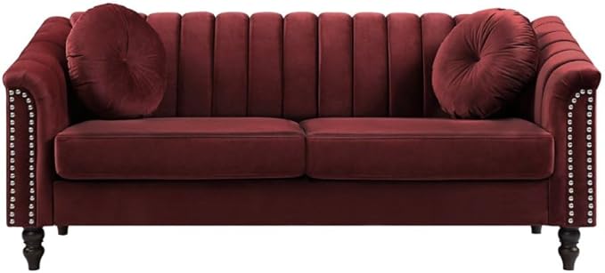 Sectional Sofa Set, Microfiber Chesterfield Upholstered Sofas Loveseat Couch Chair Sets with Style Button Tufted, Scroll Arms and Nailhead for Living Room, Office, Apartment-Red,S
