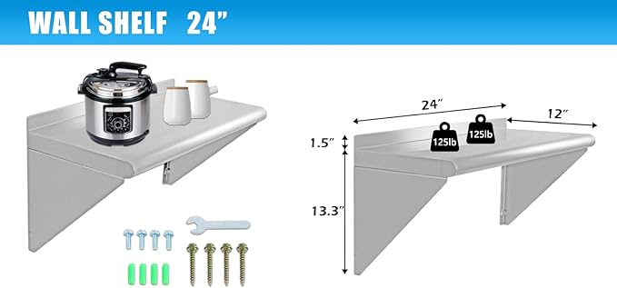 12''x24'' - 2PACKS Wall Mounted Stainless Steel Shelf NSF Commercial Metal Wall Mount Floating Shelving for Kitchen, Restaurant, Food Truck,Garage,Home&Hotel
