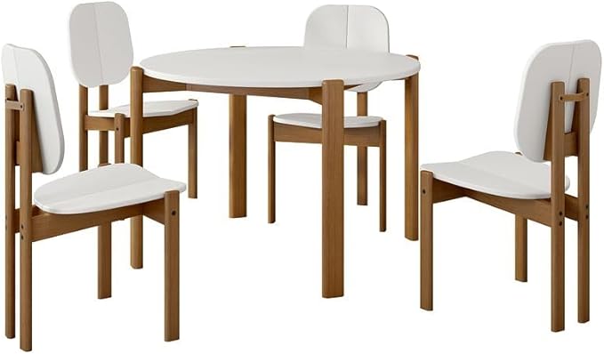 Manhattan Comfort Mid-Century Modern Gales Round 46.54 Dining Table with Solid Wood Legs in White - Set of 5