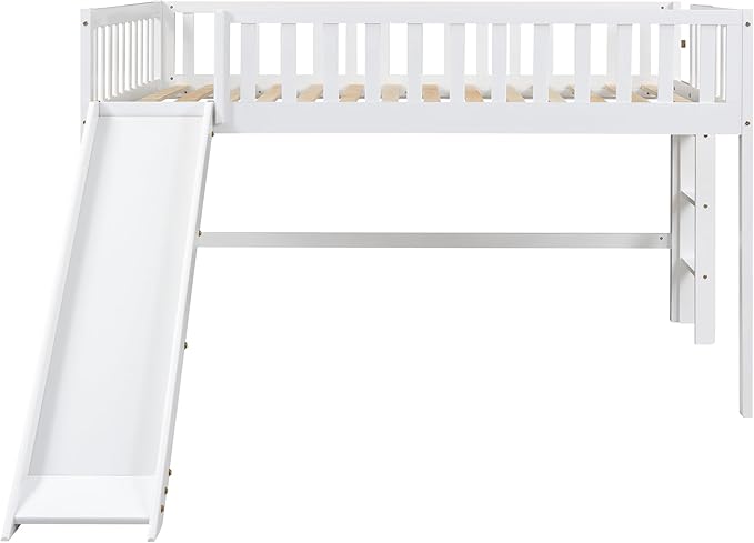 Full Size Low Loft Bed with Ladder and Slide,Vertical Design Wooden Bed Frame, for Kids and Young Teens, No Box Spring Required,Space-Saving,White