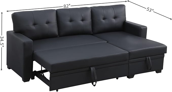 L-Shape Sofa Bed, 82" Sectional Couch with Storage Chaise, Pull Out Sleeper Sofa with Removable Back Cushions, Convertible Corner Couch for Living Room Apartment, Black