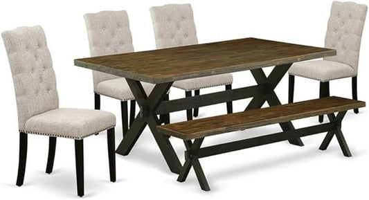 East West Furniture X677EL635-6 6 Piece Dining Room Set Contains a Rectangle Dining Table with X-Legs and 4 Doeskin Linen Fabric Parson Chairs with a Bench, 40x72 Inch, Multi-Color