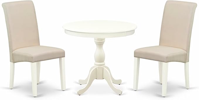 East West Furniture AMBA3-LWH-01 3 Piece Modern Dining Table Set Contains a Round Kitchen Table with Pedestal and 2 Cream Linen Fabric Upholstered Parson Chairs, 36x36 Inch, Linen White