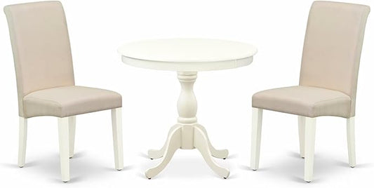 East West Furniture AMBA3-LWH-01 3 Piece Modern Dining Table Set Contains a Round Kitchen Table with Pedestal and 2 Cream Linen Fabric Upholstered Parson Chairs, 36x36 Inch, Linen White