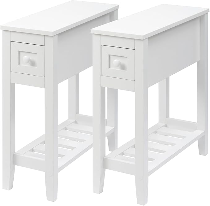 Narrow Side Table for Small Spaces, White Side Table with Drawer, Slim Bed Side Table/Night Stand Set of 2, Couch Side Table